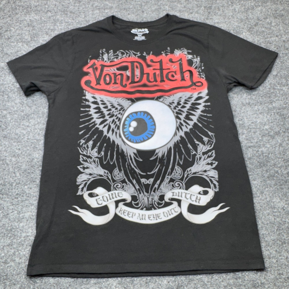 Von Dutch Shirt Mens Medium Black Flying Eyeball Graphic Y2K Streetwear Keep Out